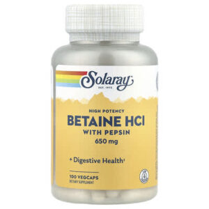 كبسولات ارتجاع المريئ-100كبسولة -Solaray, High Potency Betaine HCl with Pepsin, 100 VegCaps